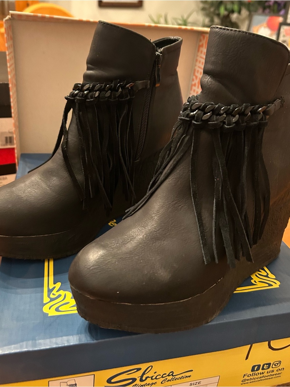 Sbicca Black Fringe Platform Wedge Ankle Boot